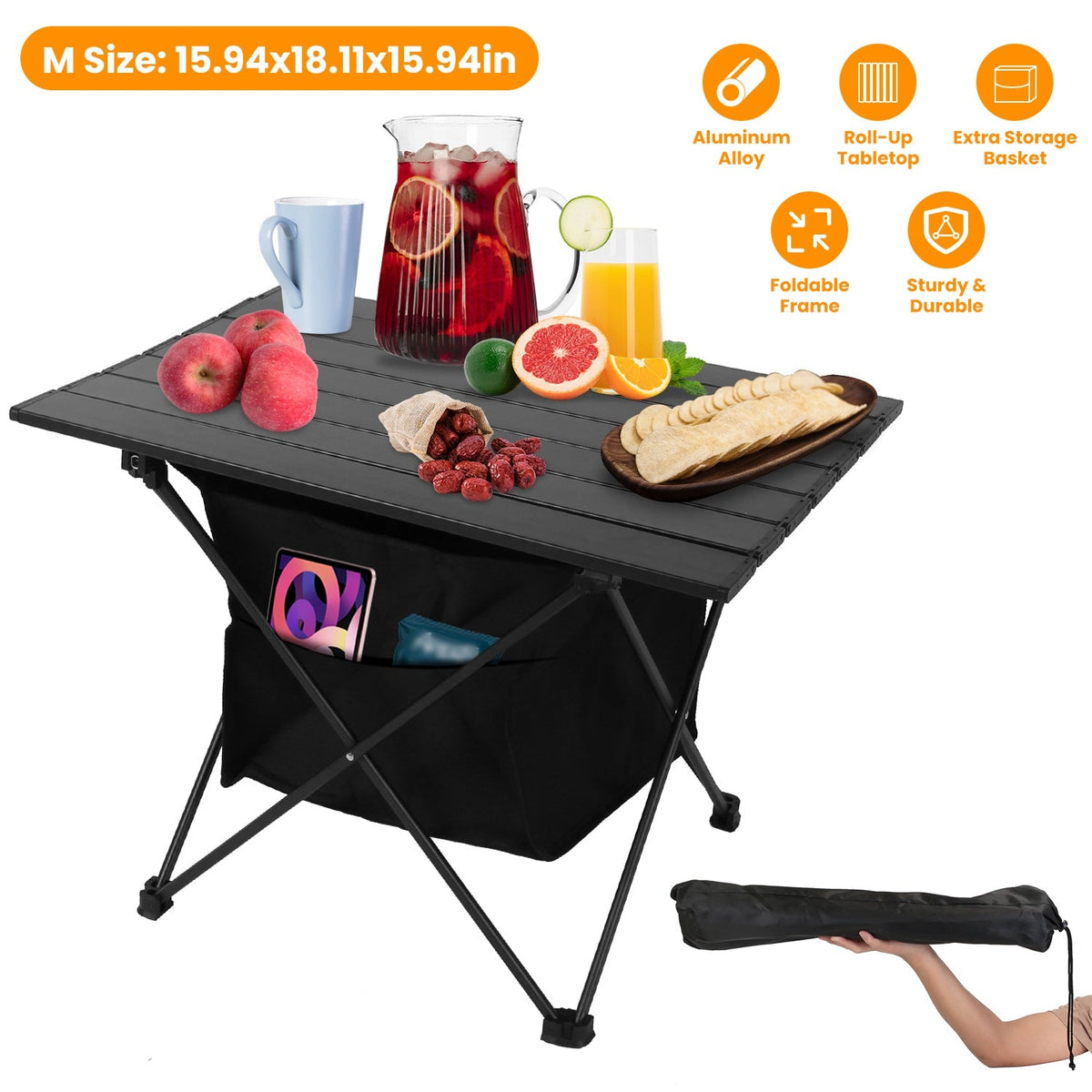 Foldable Camping Table With Storage Basket Rustproof Portable Aluminum Alloy
