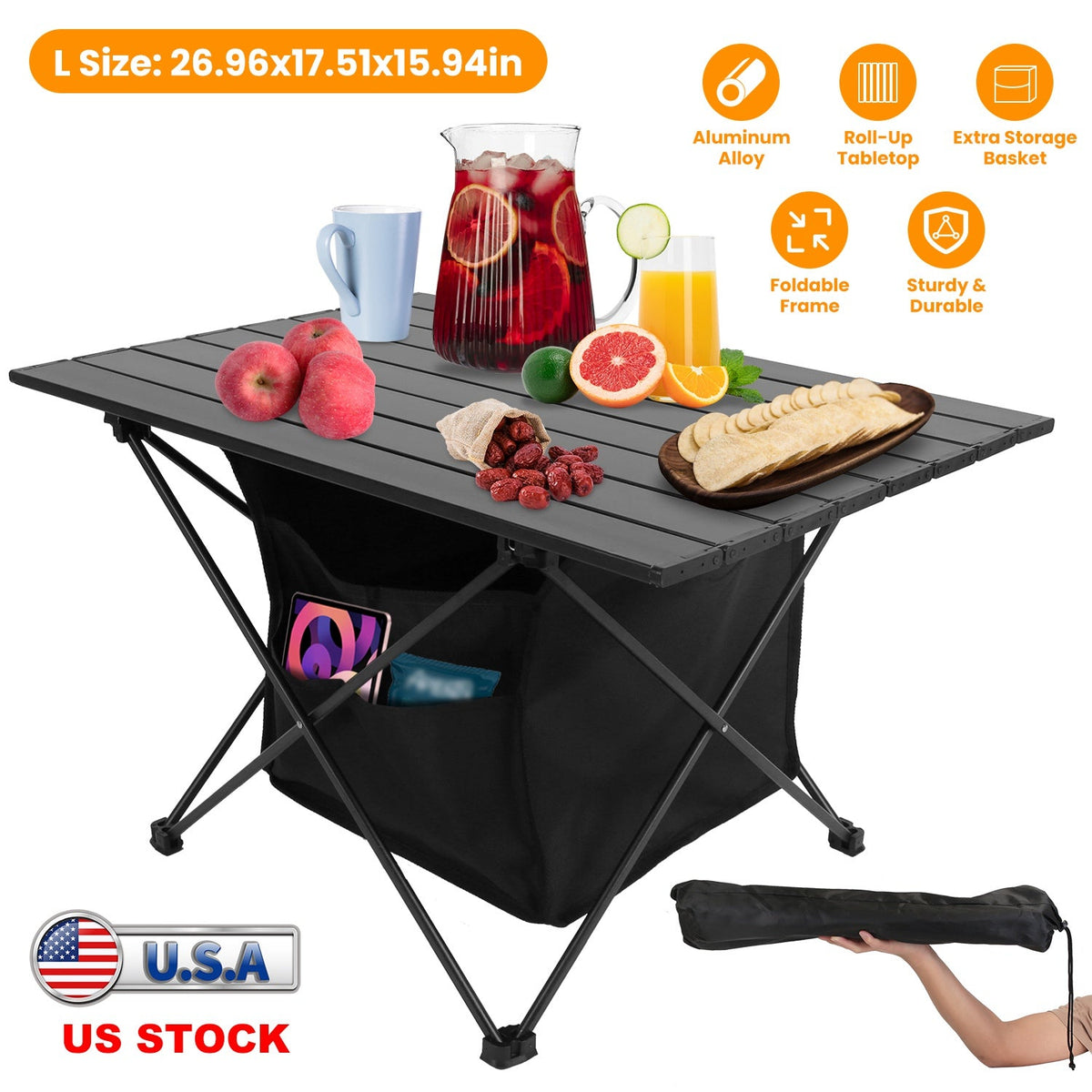 Foldable Camping Table With Storage Basket Rustproof Portable Aluminum Alloy