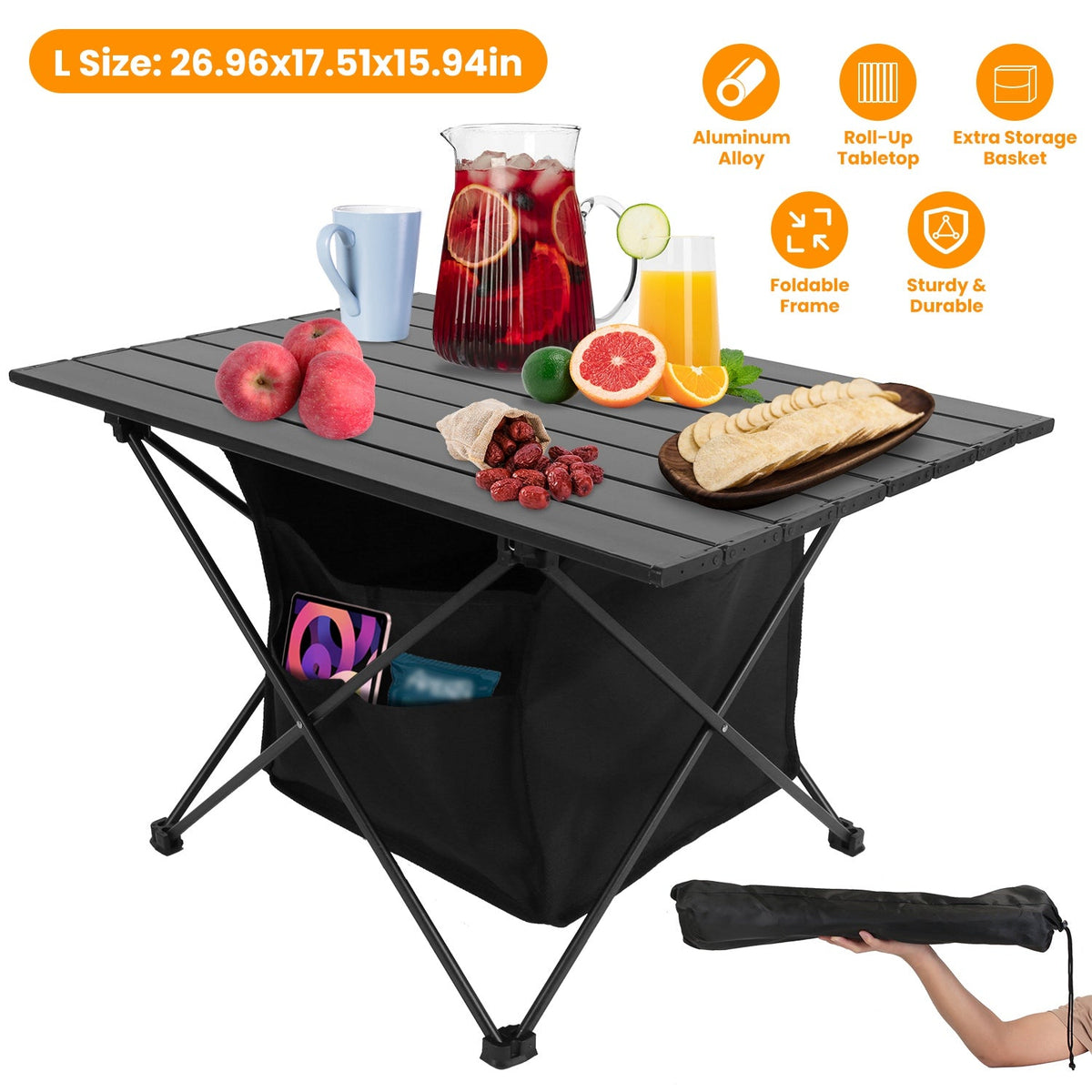 Foldable Camping Table With Storage Basket Rustproof Portable Aluminum Alloy