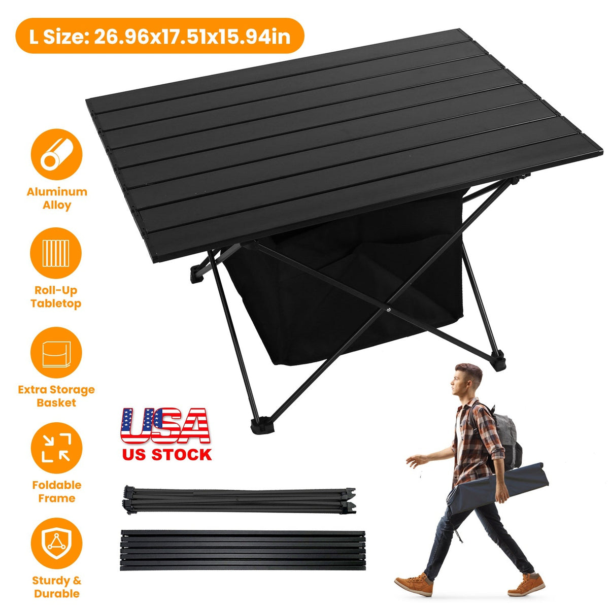 Foldable Camping Table With Storage Basket Rustproof Portable Aluminum Alloy